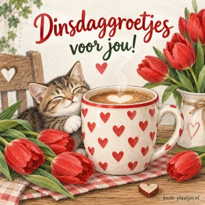 Een grote mok met hartenmotief, omringd door rode tulpen.