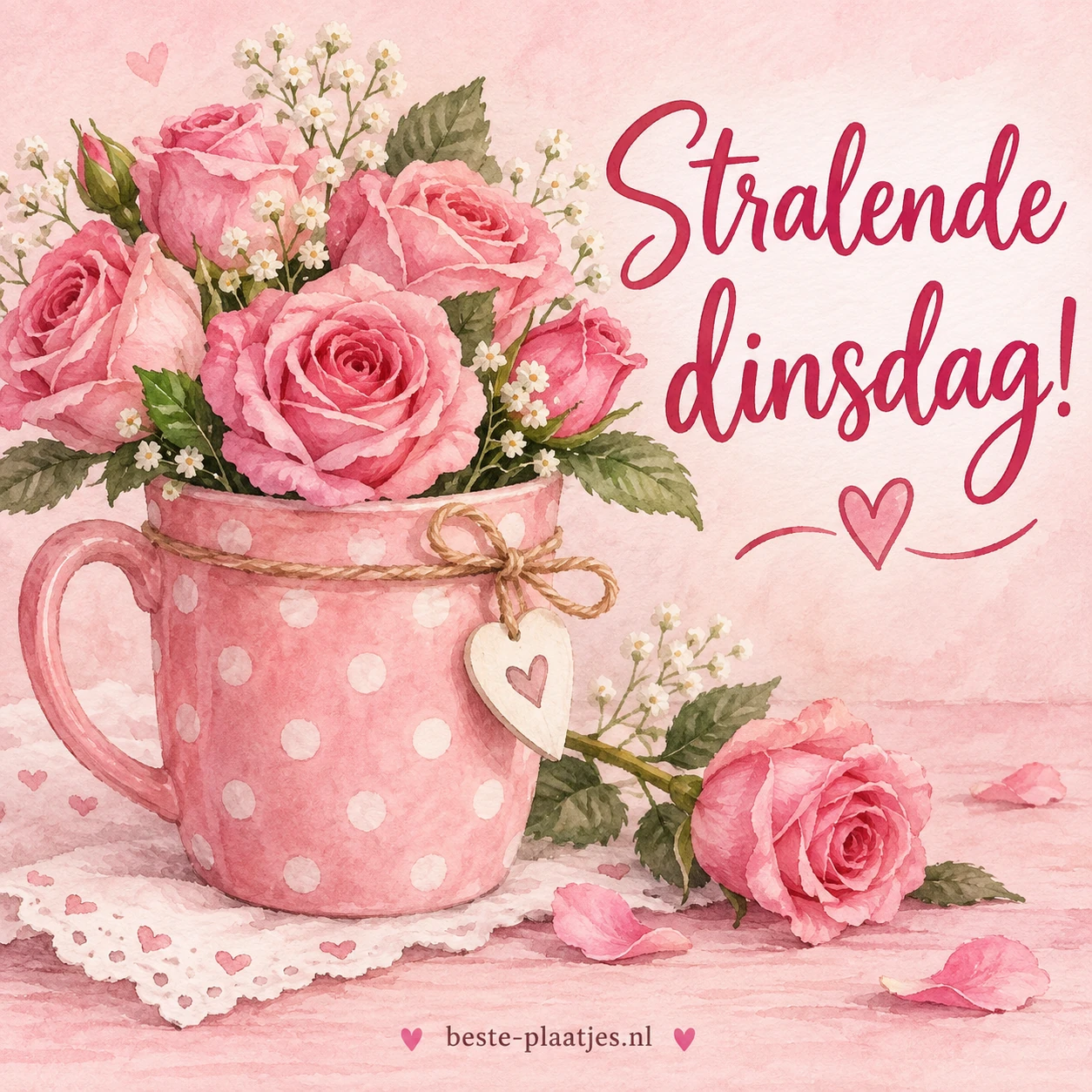 Een roze mok met witte stippen gevuld met roze rozen, naast een roos op een zachte roze ondergrond.