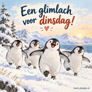 Vier pinguïns rennen vrolijk door de sneeuw.