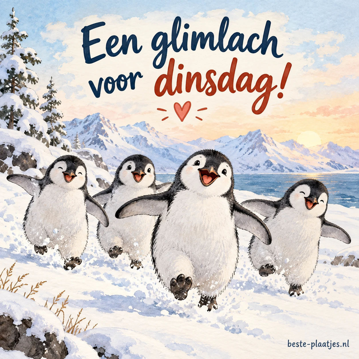 Vier pinguïns rennen vrolijk door de sneeuw.