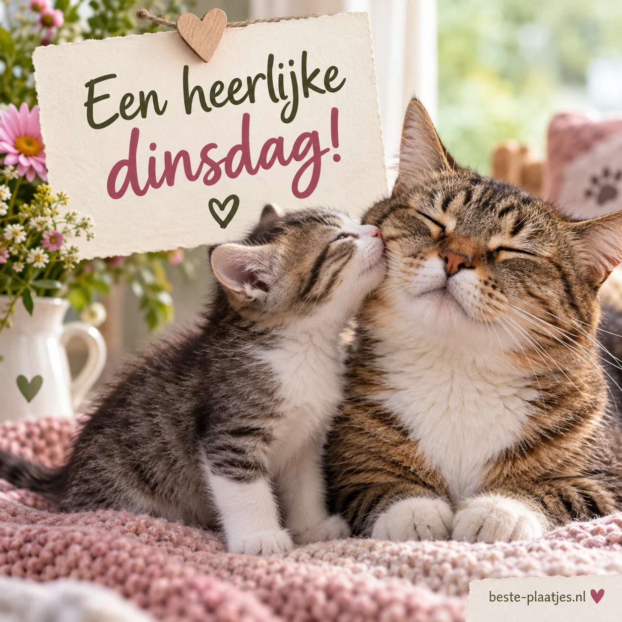 Een kitten geeft een kus aan een volwassen kat.