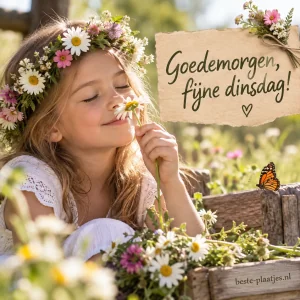 Een meisje met bloemenkrans geniet stil van een bloem.