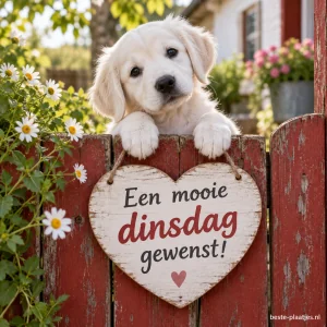 Een lieve witte puppy kijkt over een oud, rood houten hek.