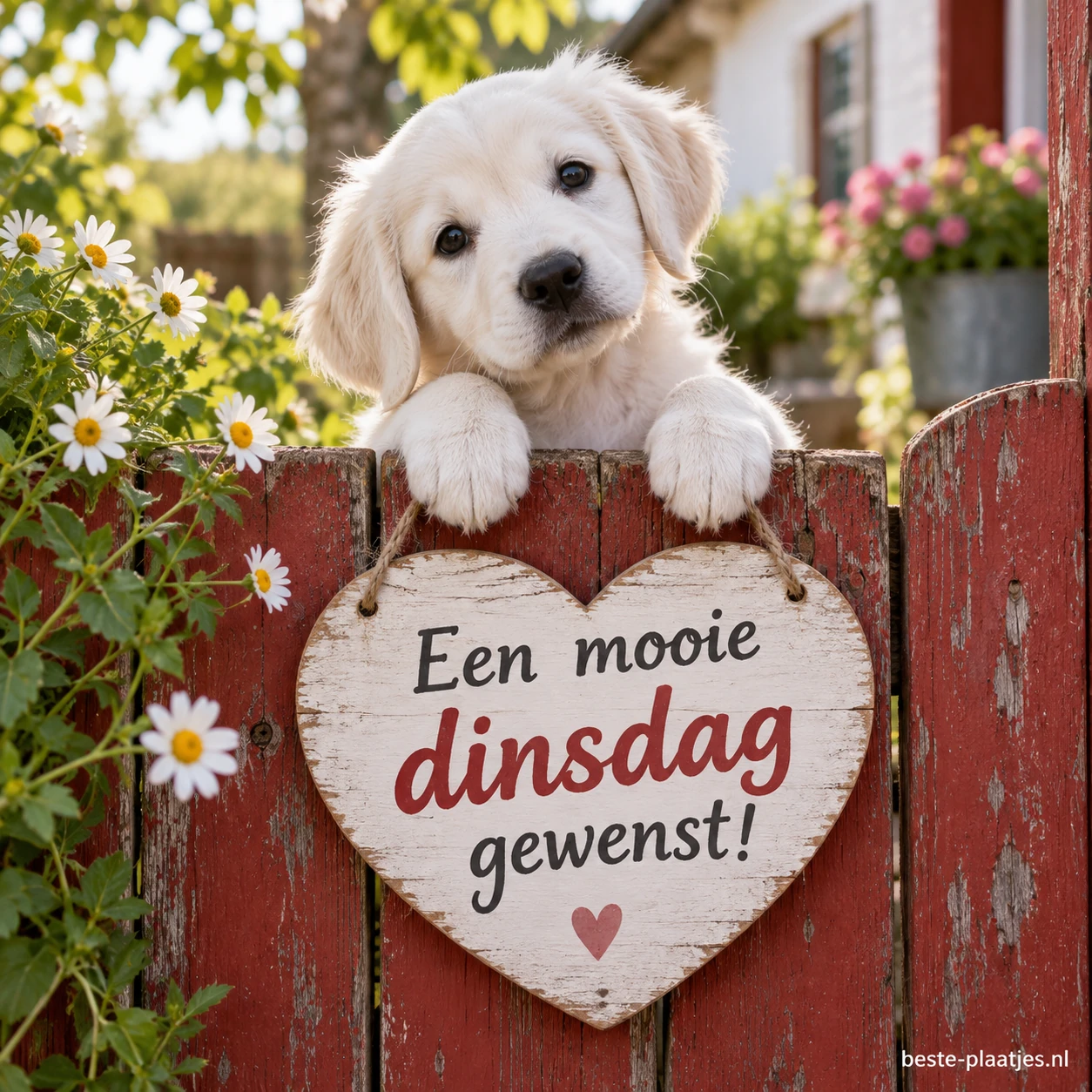 Een lieve witte puppy kijkt over een oud, rood houten hek.