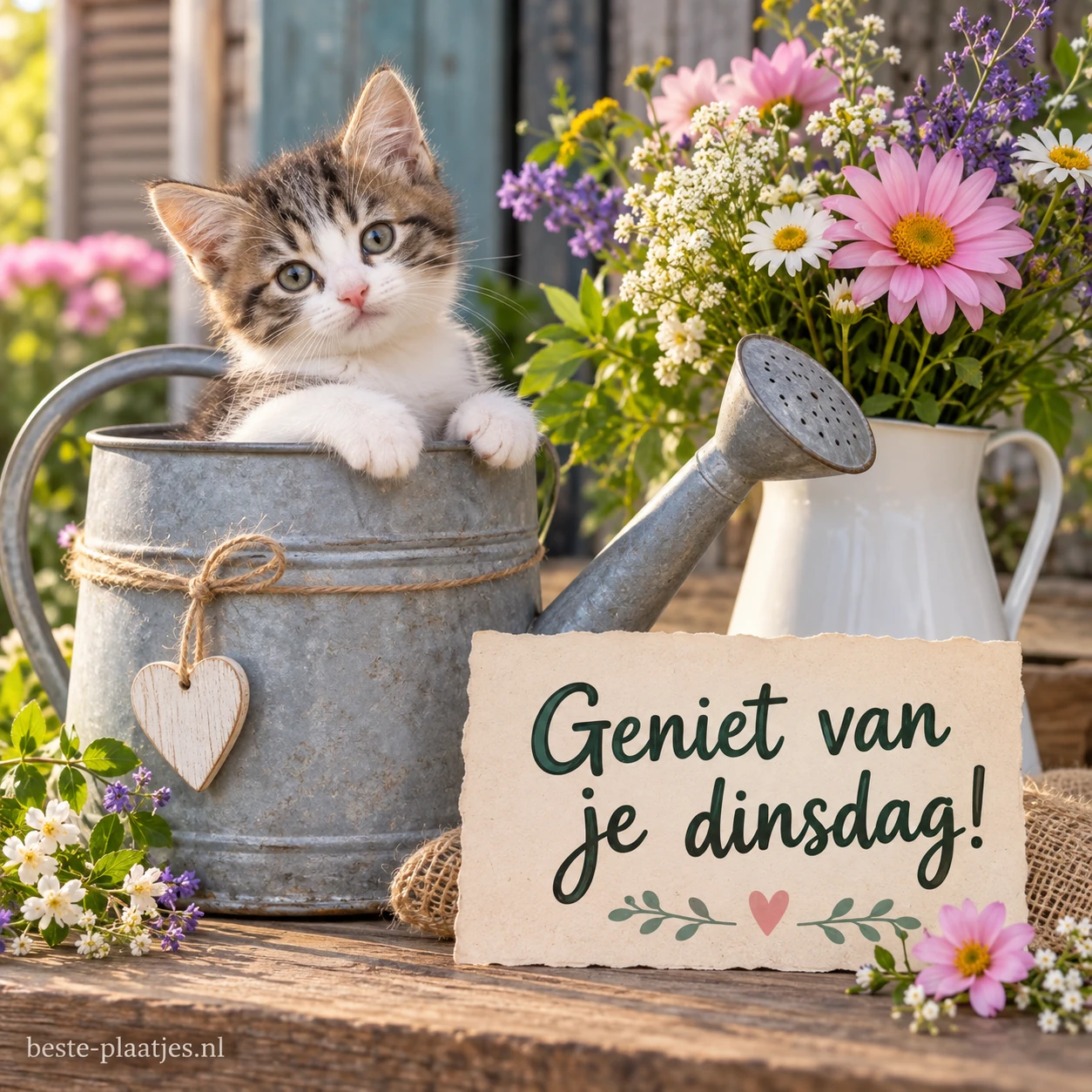 Katje in een gieter naast een vaas met bloemen.