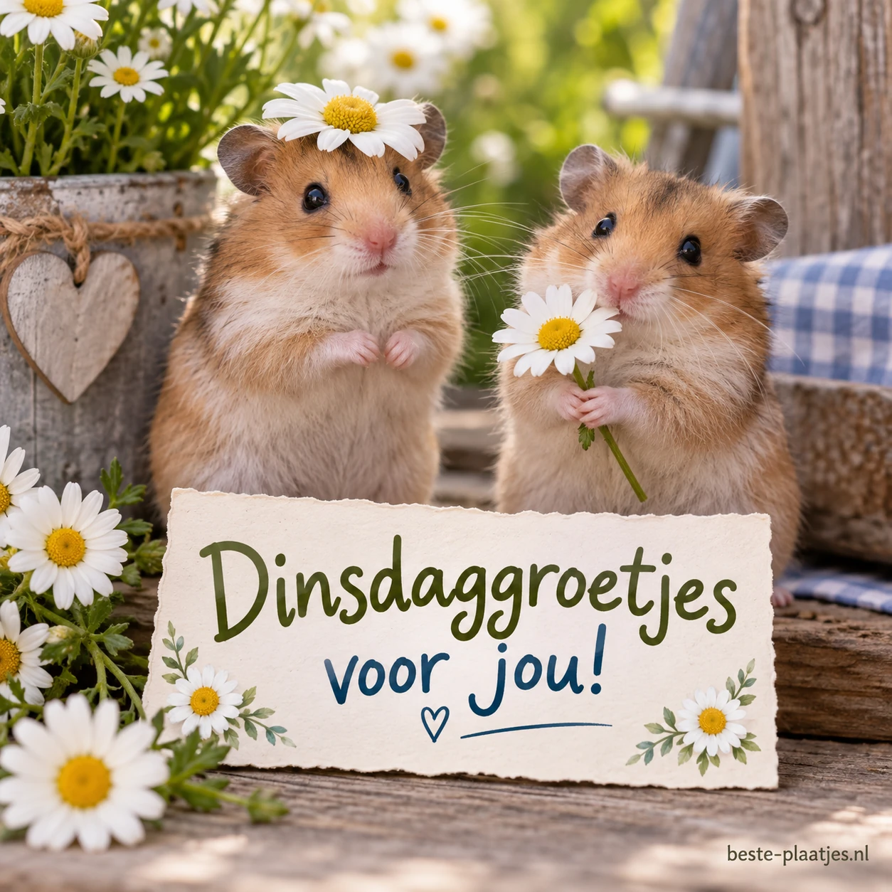 Twee hamsters met madeliefjes, één draagt een bloem op zijn kop, het andere houdt een bloem vast.