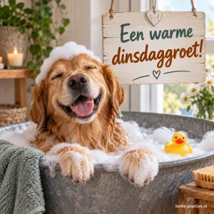 Een blije hond geniet van een schuimbad.