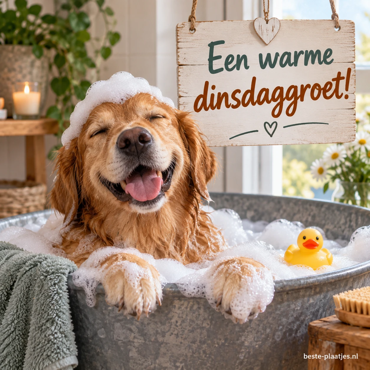 Een blije hond geniet van een schuimbad.