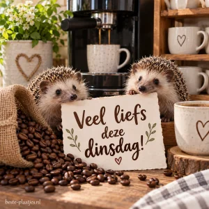 Twee egels tussen koffiebonen bij een koffiezetapparaat, met kopjes op een houten rek. Fijne dinsdag!.