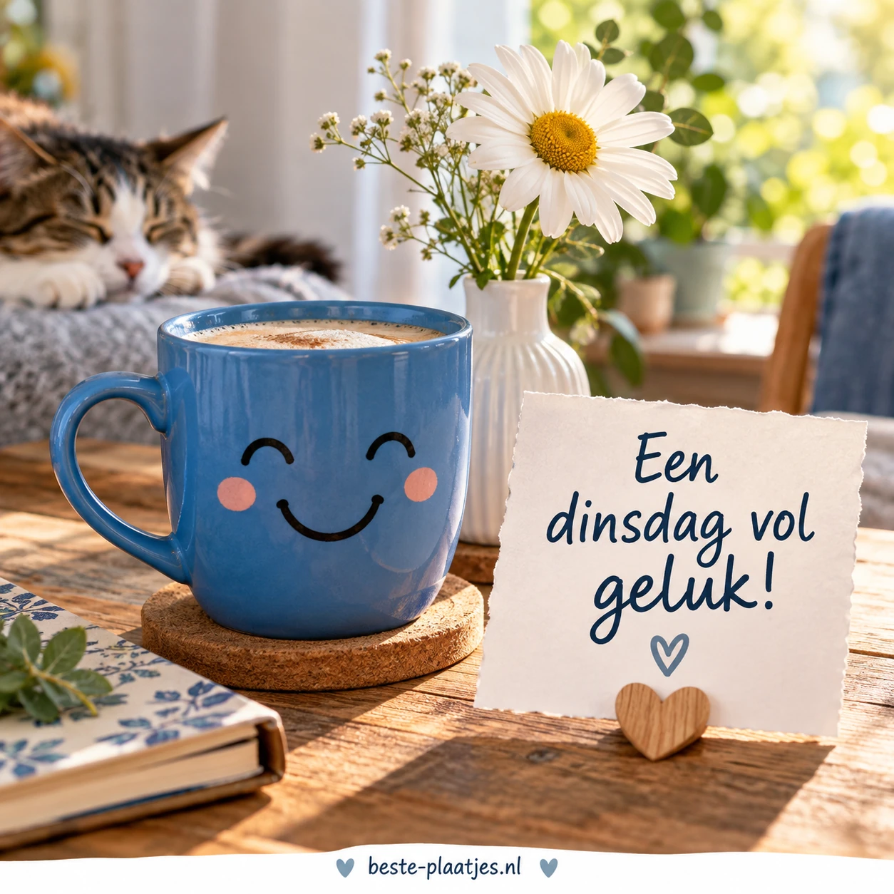 Een blauwe mok met een vrolijk gezicht, een witte bloem in een vaas.