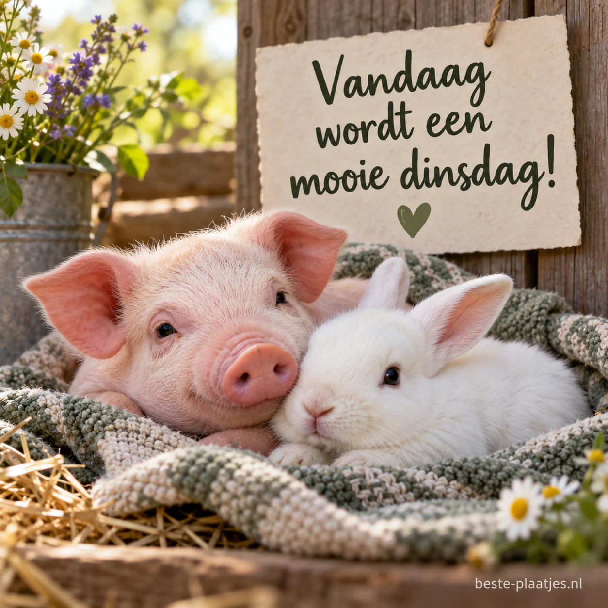 Een klein varkentje en een wit konijn liggen dicht tegen elkaar aan.
