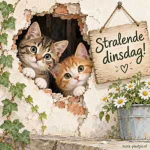 Twee kittens gluren nieuwsgierig door een gat in de muur.