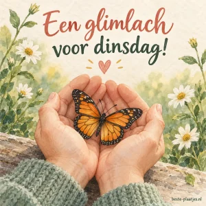 Twee handen houden een vlinder vast.