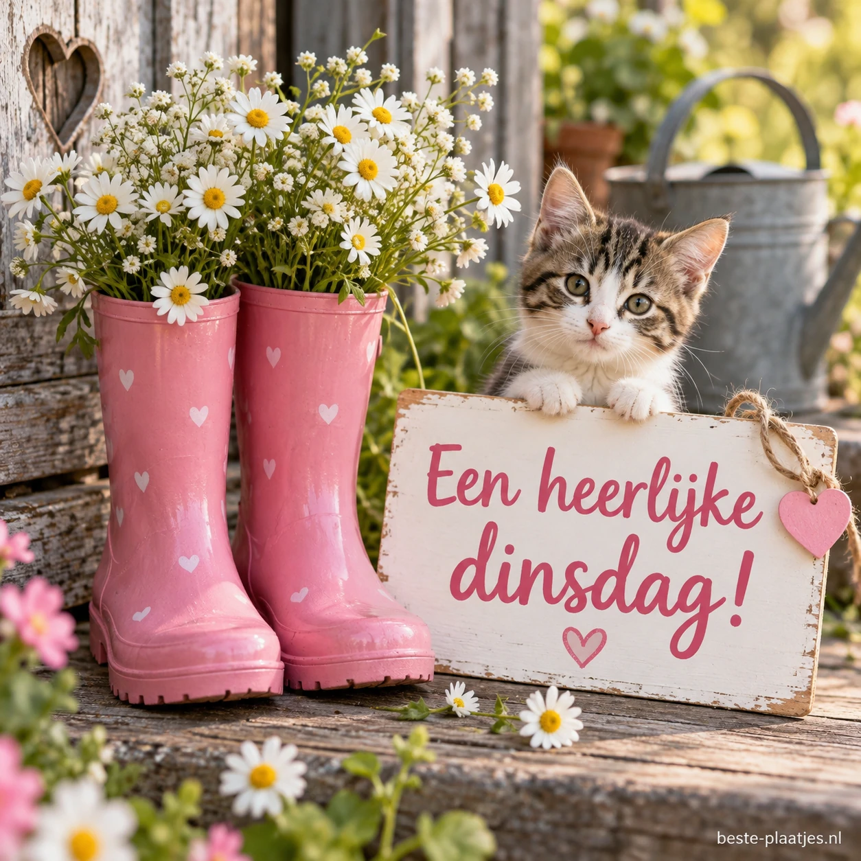 Roze laarsjes gevuld met witte bloemetjes.