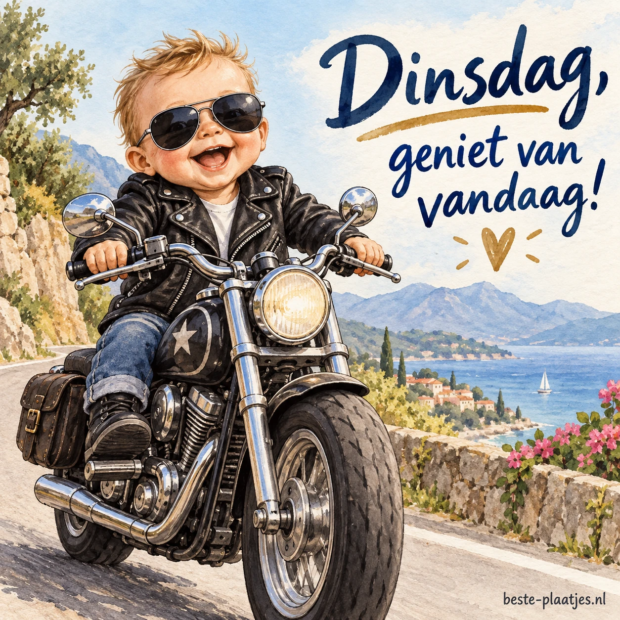 Een baby met zonnebril en leren jas rijdt stoer op een motorfiets.