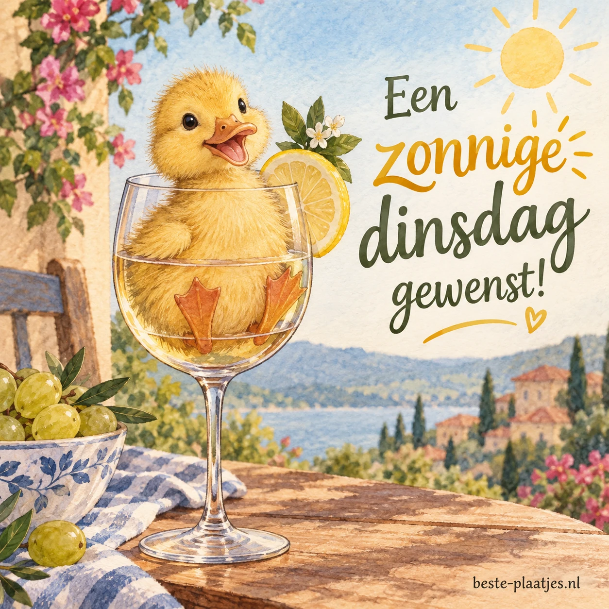 Een schattige eendjeskuiken zit in een wijnglas.