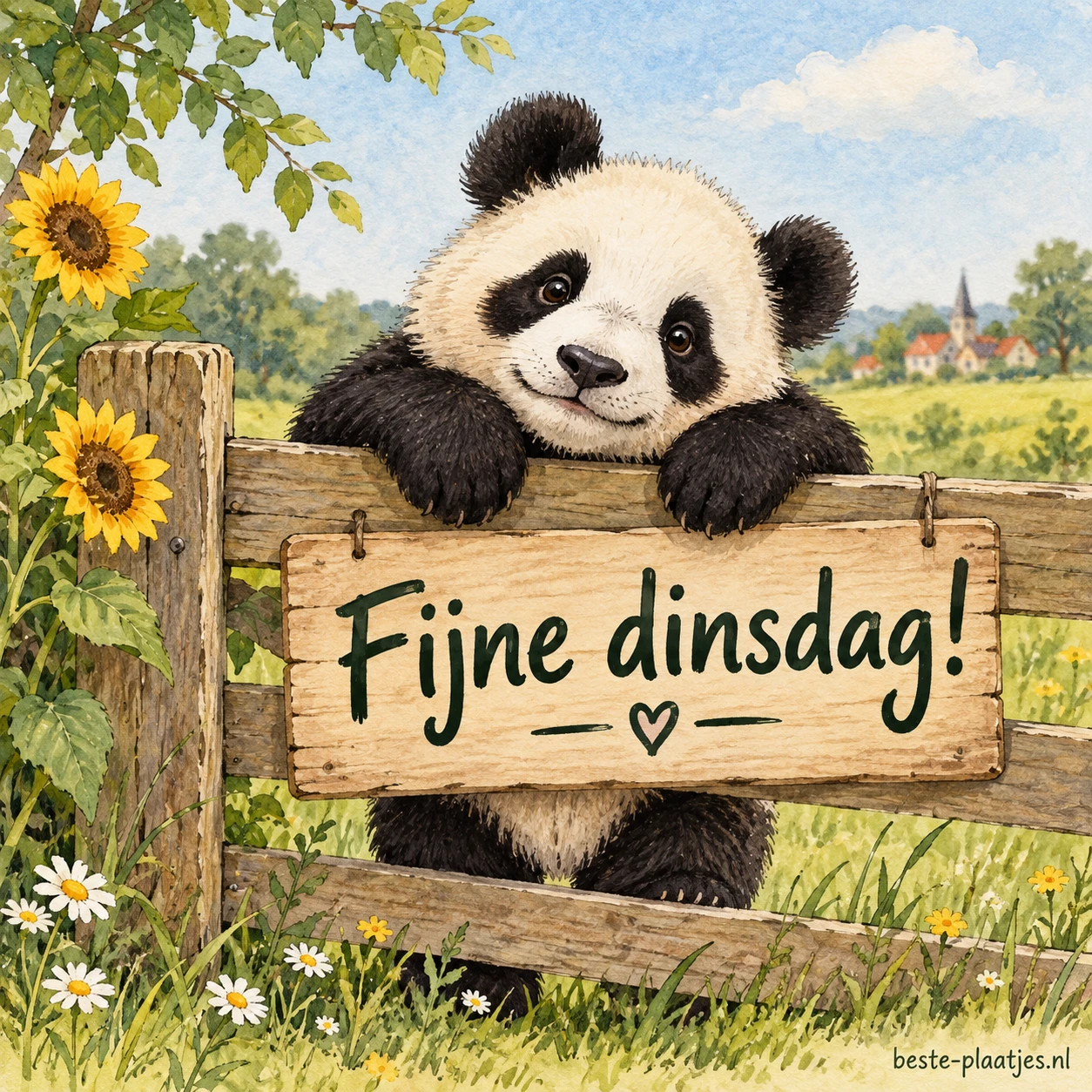 Een schattige panda hangt aan een houten hekje.