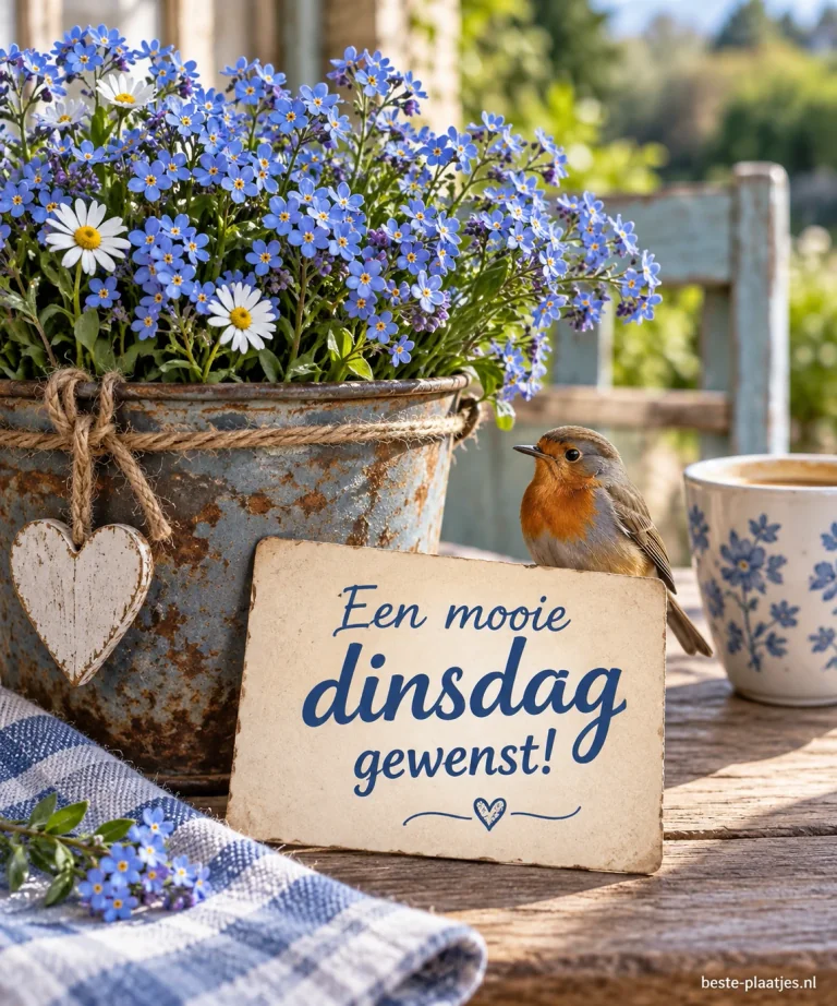Blauwe en witte bloemen staan in een verweerde pot naast een roodborstje.