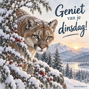 Een grote katachtige kijkt tussen besneeuwde takken uit over de winterbergen.