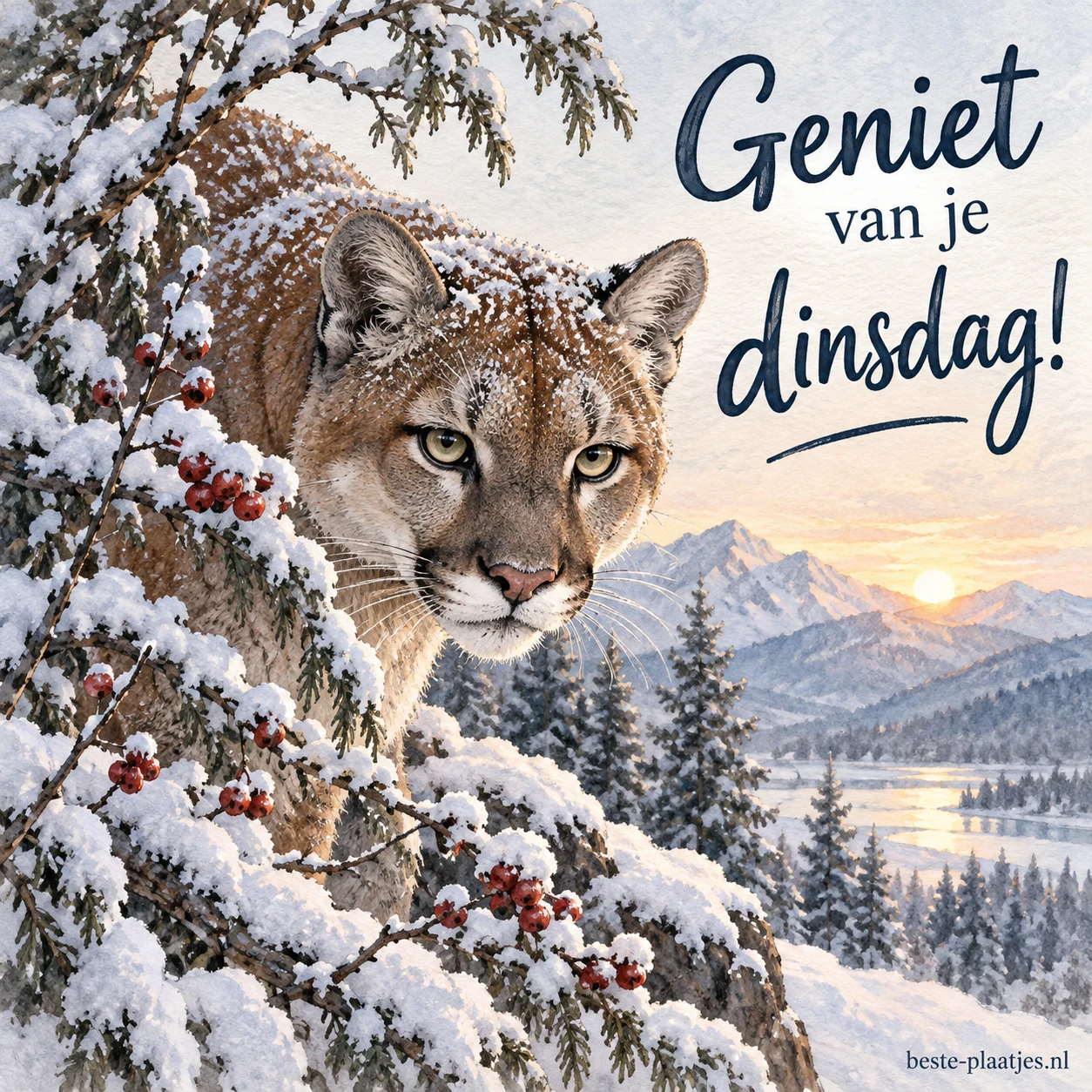 Een grote katachtige kijkt tussen besneeuwde takken uit over de winterbergen.