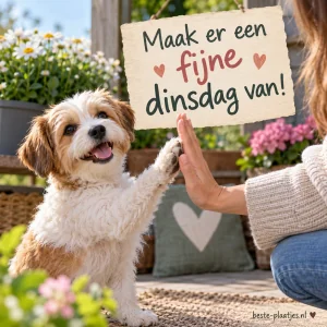 Schattige kleine hond die een high five geeft.