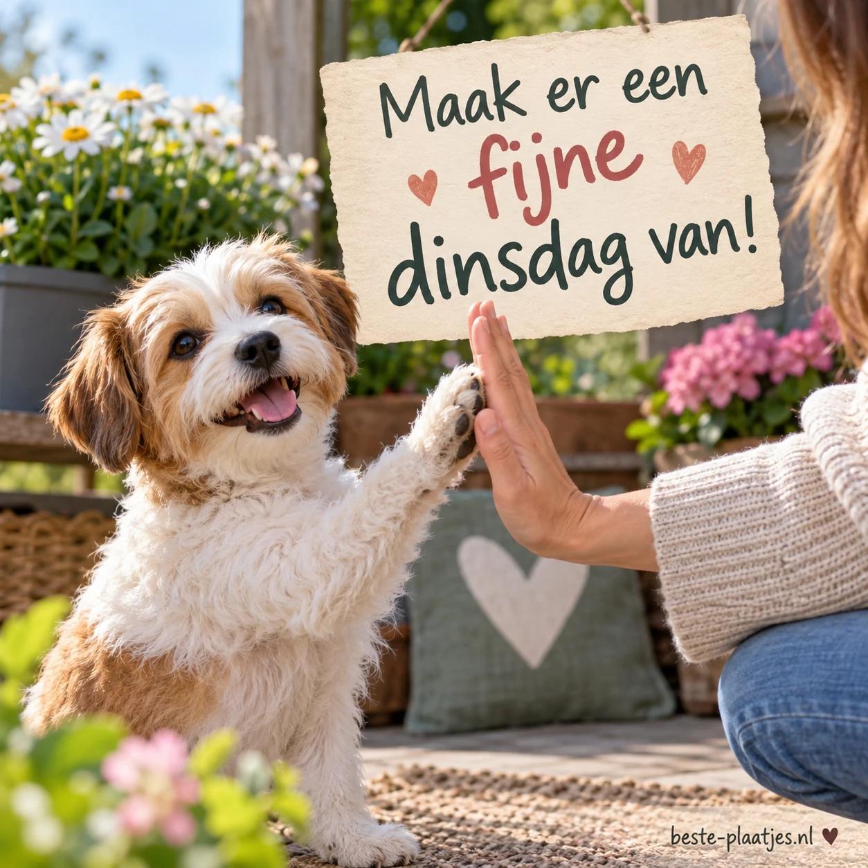 Schattige kleine hond die een high five geeft.