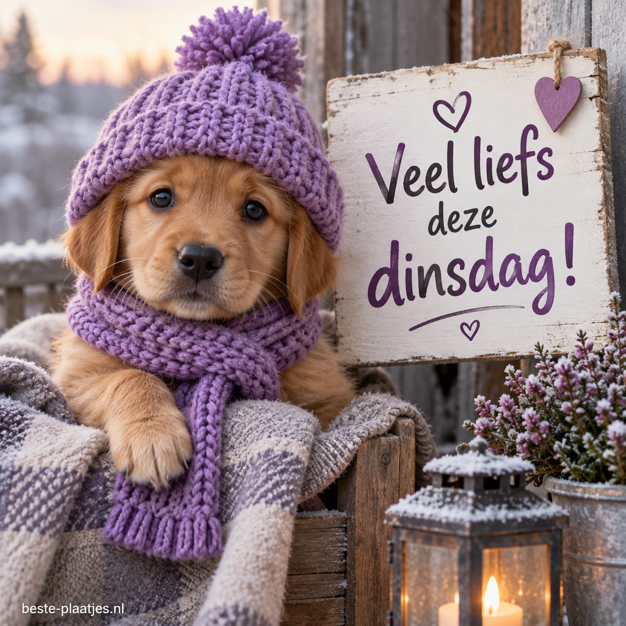Een puppy met een paarse gebreide muts en sjaal zit bij een besneeuwd raam.
