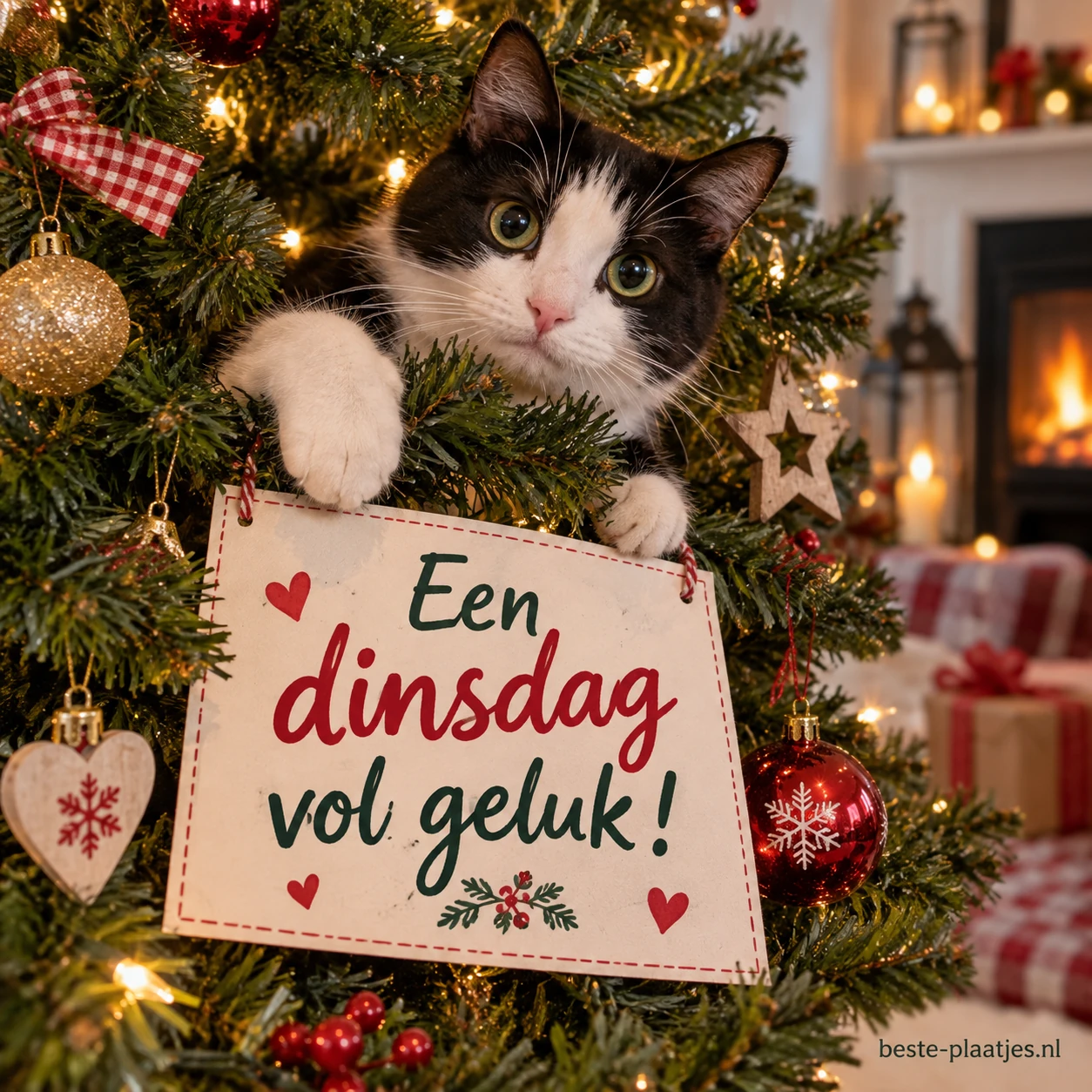 Zwart-witte kat zit in een versierde kerstboom.