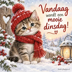 Schattige kitten draagt een rode wintermuts en sjaal, omringd door sneeuw en parels.