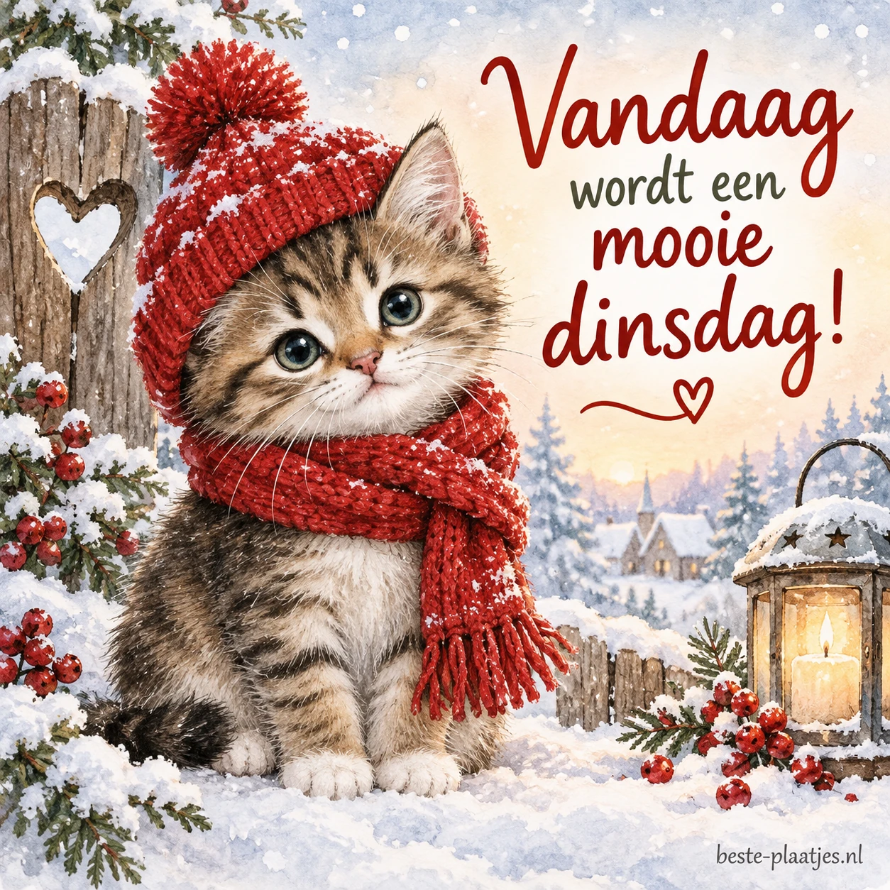 Schattige kitten draagt een rode wintermuts en sjaal, omringd door sneeuw en parels.
