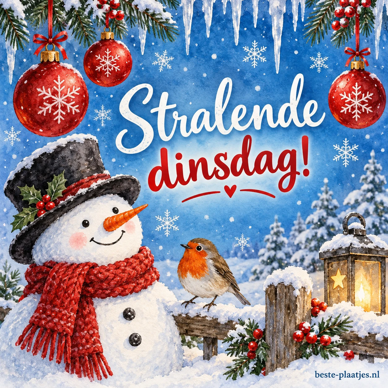 Glanzende kerstballen en sneeuw brengen een warme winterse sfeer.