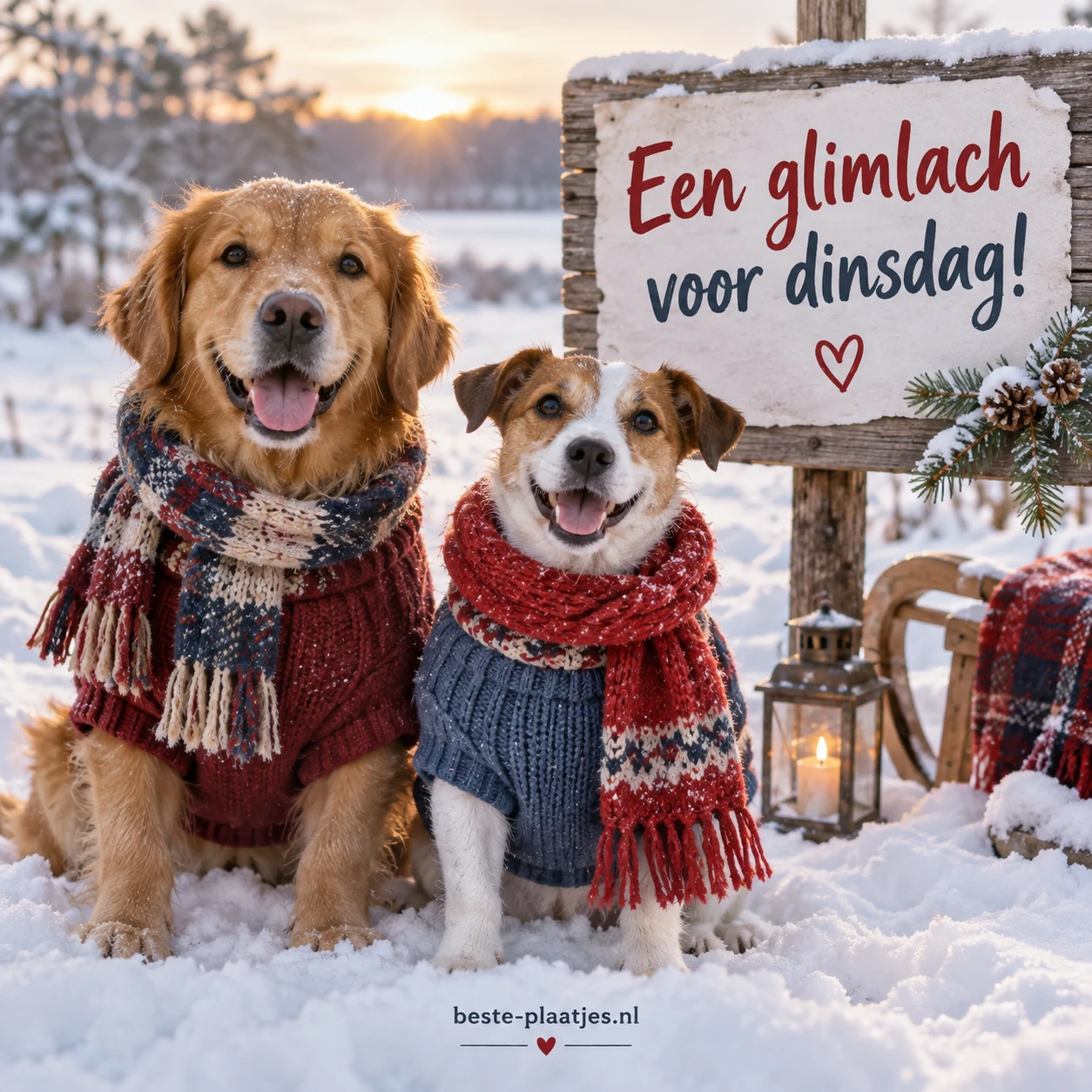 Twee honden dragen kleurrijke truien en sjaals, zittend in de sneeuw.