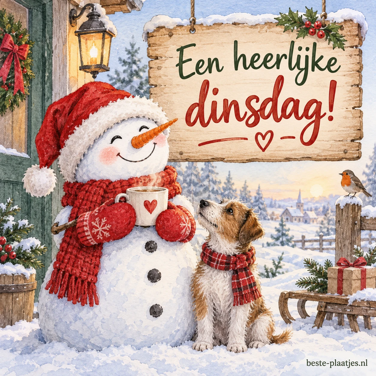 Vrolijke sneeuwman met kerstmuts voor een fijne dinsdag.