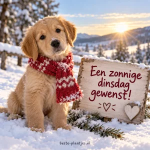 Een schattige puppy zit in de sneeuw.