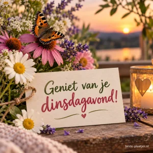 Een vlinder zit op kleurrijke bloemen bij warm avondlicht.