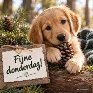 Een schattige puppy met een dennenappel.
