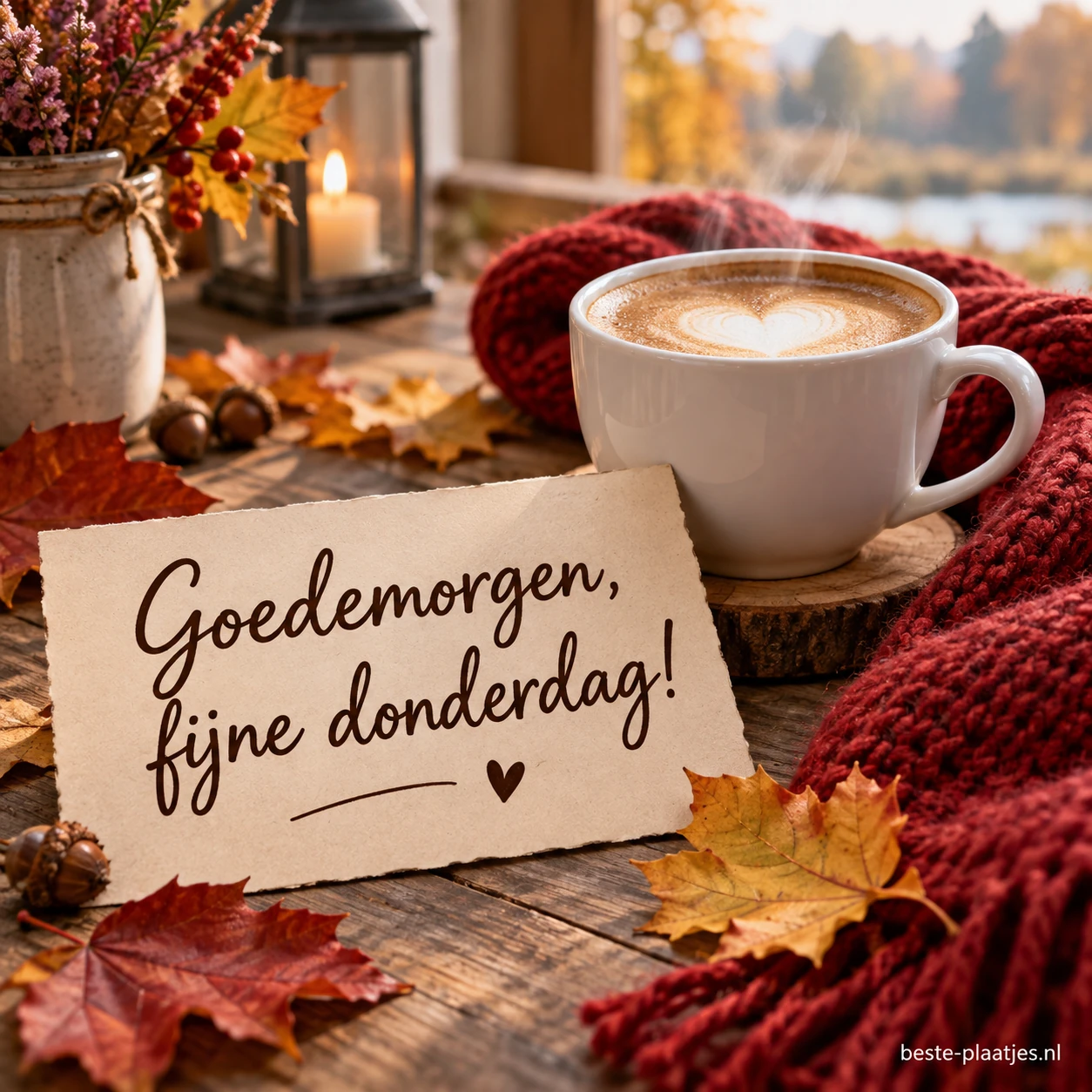 Warme koffie in een witte kop met herfstbladeren en een rode sjaal op een houten tafel. Warme koffie in een witte kop met herfstbladeren en een rode sjaal op een houten tafel.
