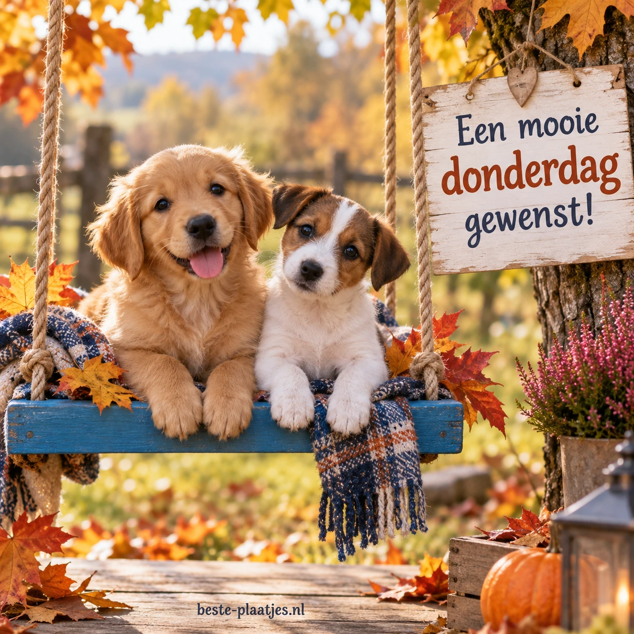 Twee schattige puppy's zitten samen op een blauwe schommel, met herfstbladeren. Twee schattige puppy's zitten samen op een blauwe schommel, met herfstbladeren.