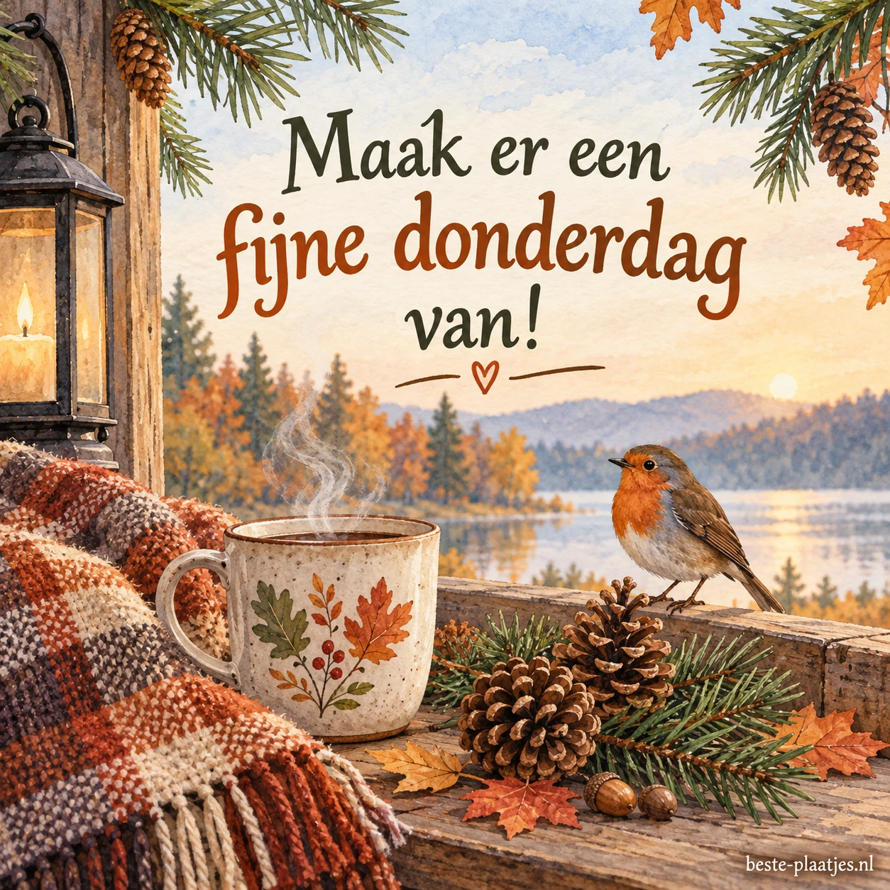 Geniet van deze mooie herfstdag en een prettige donderdag met dennentak en dennenappels. Geniet van deze mooie herfstdag en een prettige donderdag met dennentak en dennenappels.