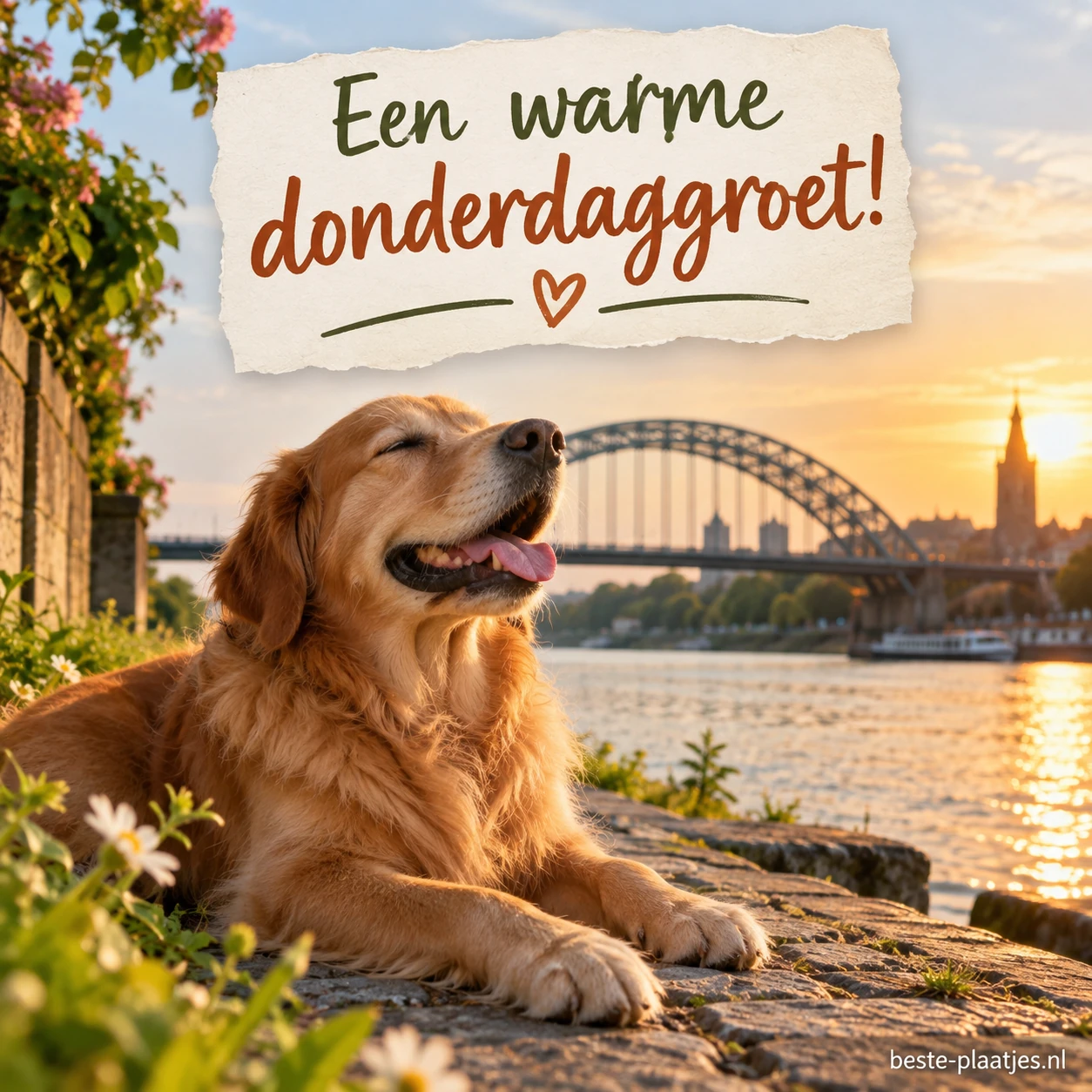 Hond geniet van de zon met een brug op de achtergrond. Hond geniet van de zon met een brug op de achtergrond.