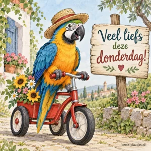 Een papegaai zit op een driewieler.