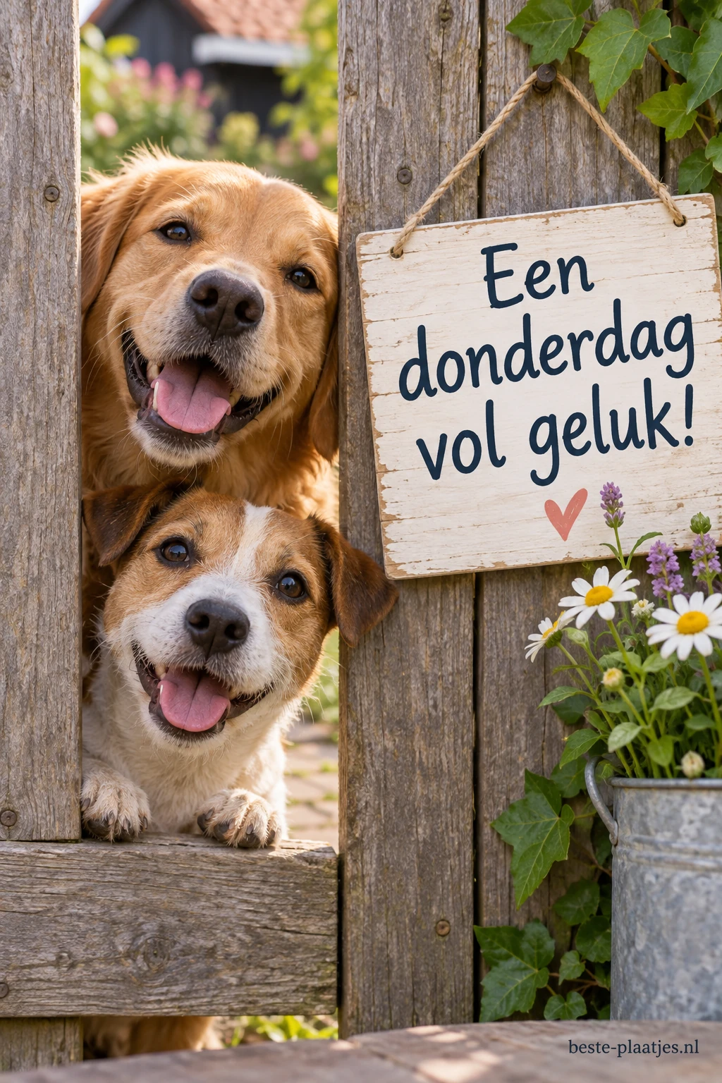 Twee honden gluren door een houten hek, de ene boven de andere, met een vrolijke glimlach. Twee honden gluren door een houten hek, de ene boven de andere, met een vrolijke glimlach.