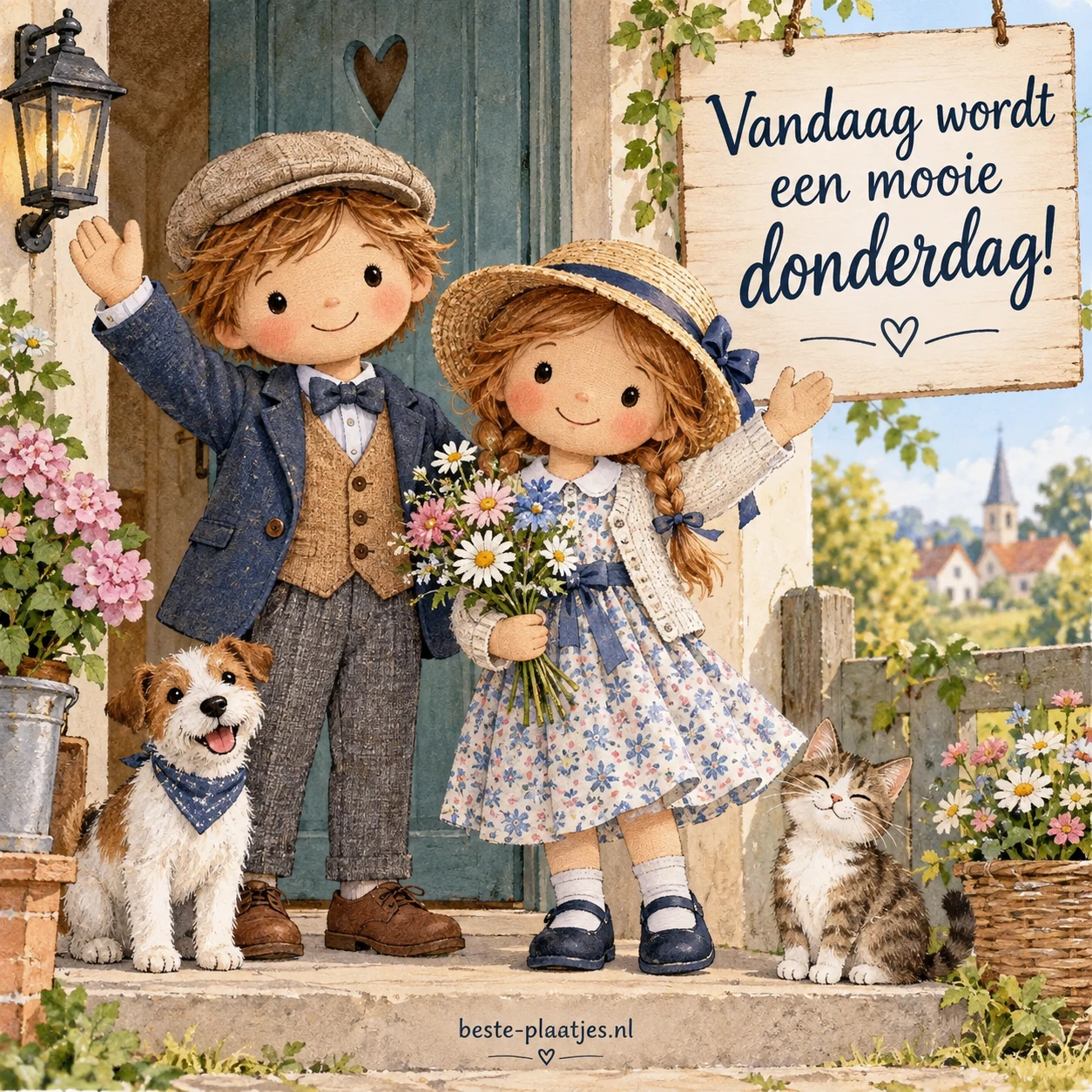 Twee poppen begroeten de dag gekleed in nette kleding. Twee poppen begroeten de dag gekleed in nette kleding.