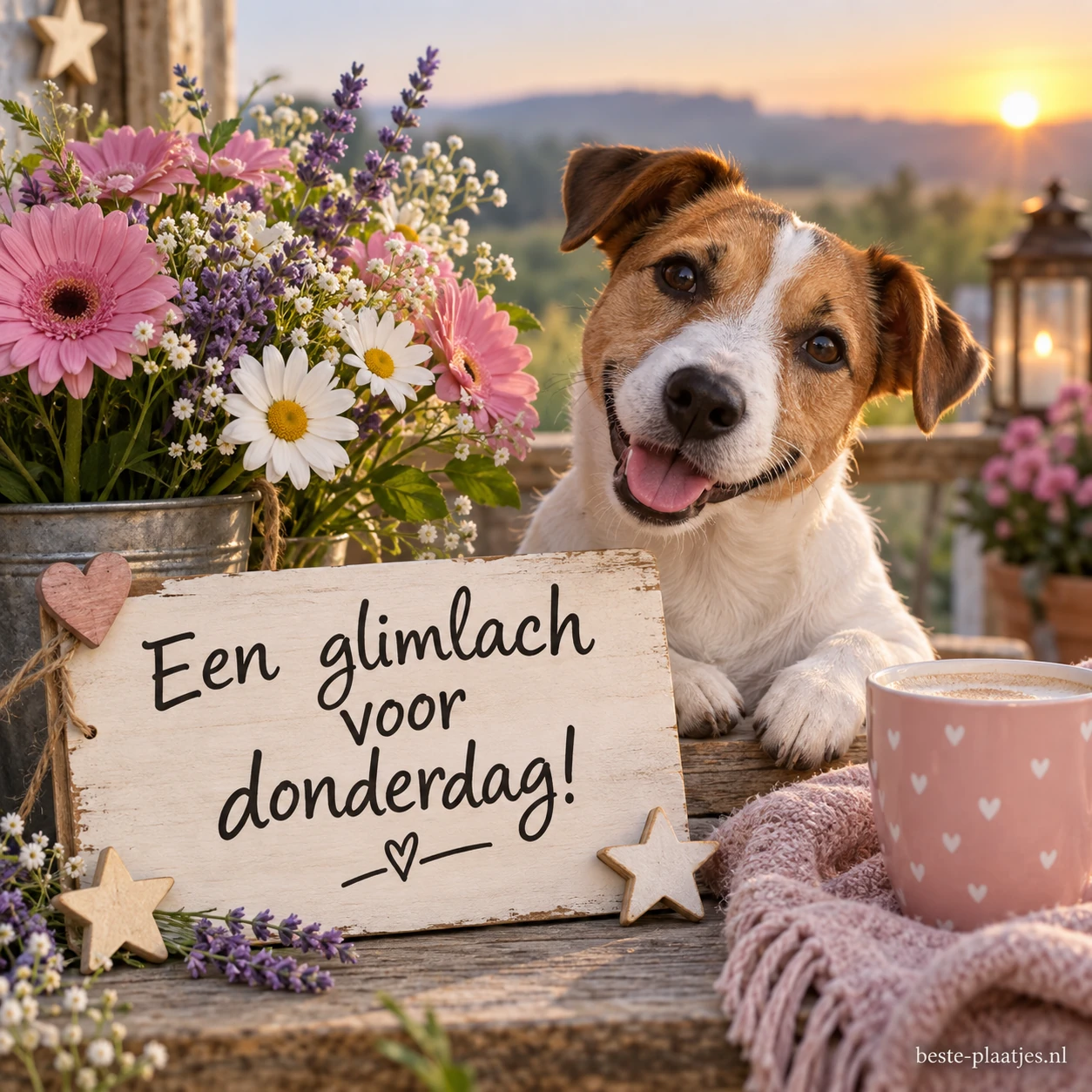 Een puppy kijkt over een bord met een donderdagwens naast een roze mok en een vaas bloemen. Een puppy kijkt over een bord met een donderdagwens naast een roze mok en een vaas bloemen.