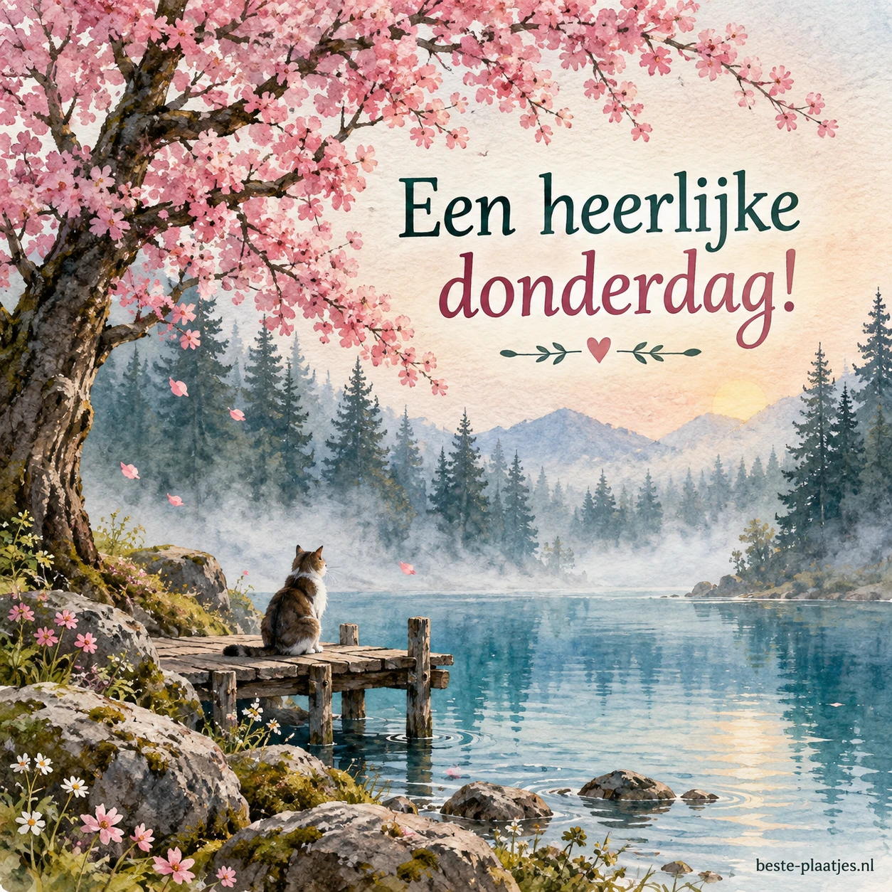 Een roze bloeiende boom bij mistig bos en blauwe vijver. Een roze bloeiende boom bij mistig bos en blauwe vijver.