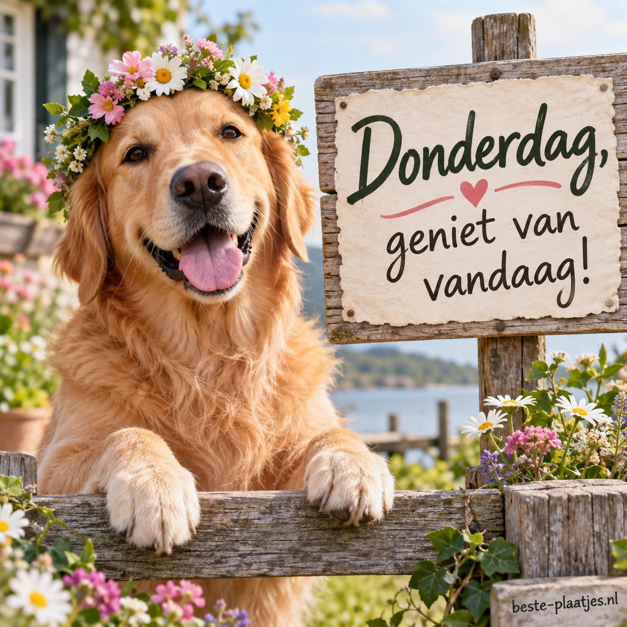 Een blije hond met een bloemenkrans zit achter een houten hek. Een blije hond met een bloemenkrans zit achter een houten hek.