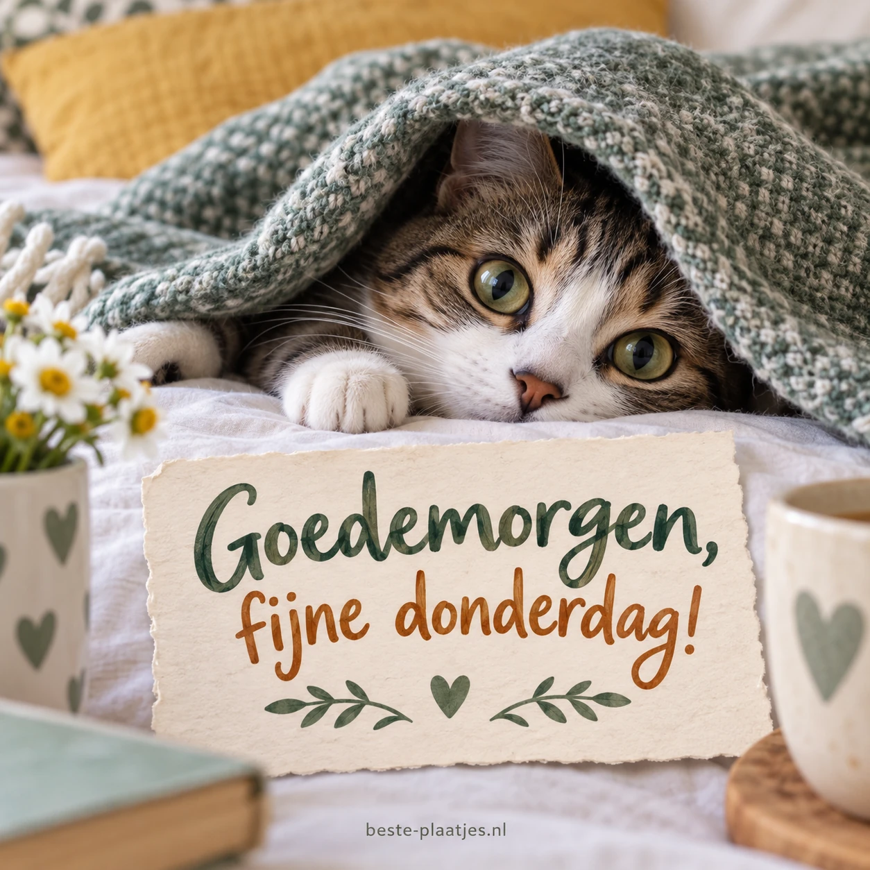 Een kat kijkt nieuwsgierig onder een deken uit. Een kat kijkt nieuwsgierig onder een deken uit.