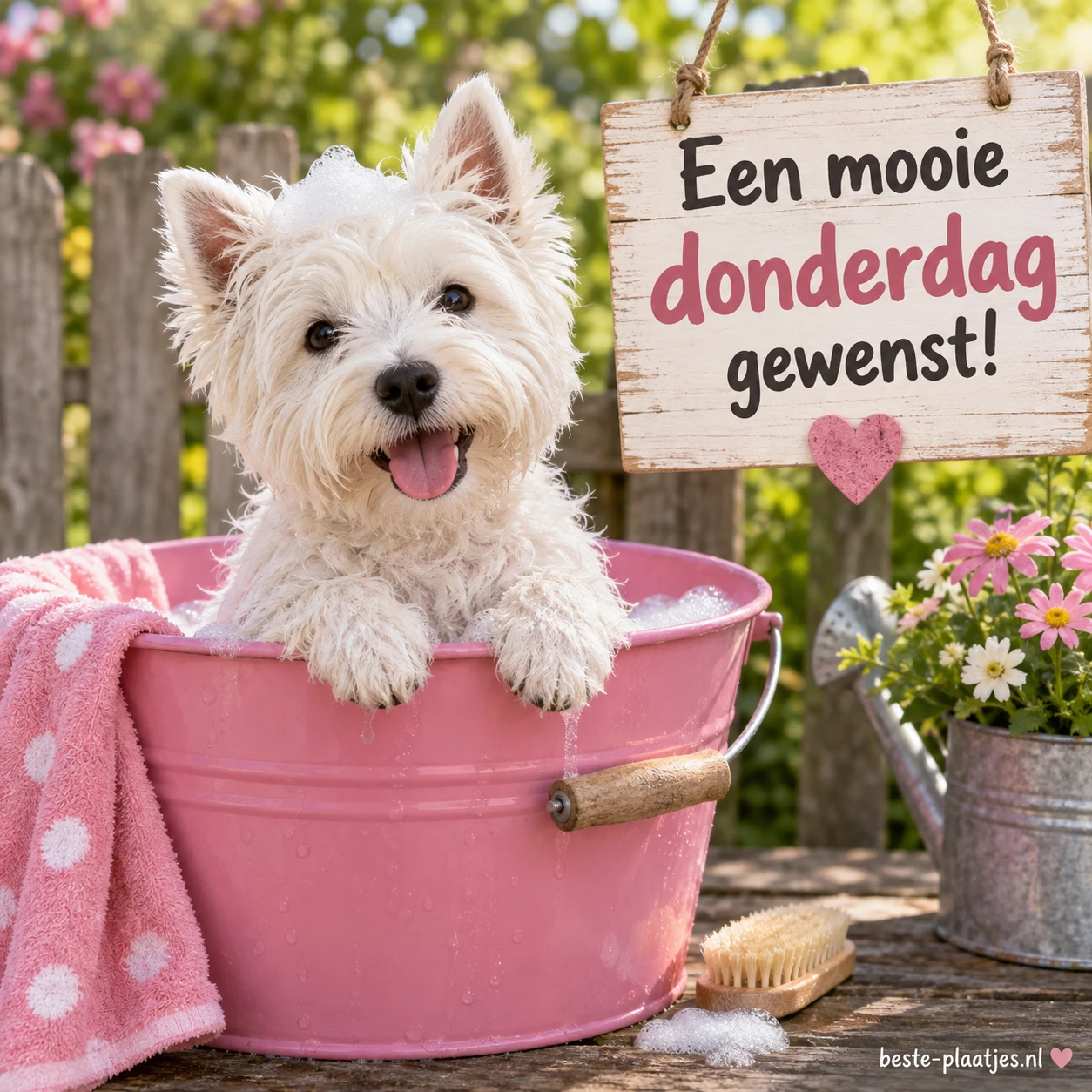 Witte hond in een roze emmer. Witte hond in een roze emmer.