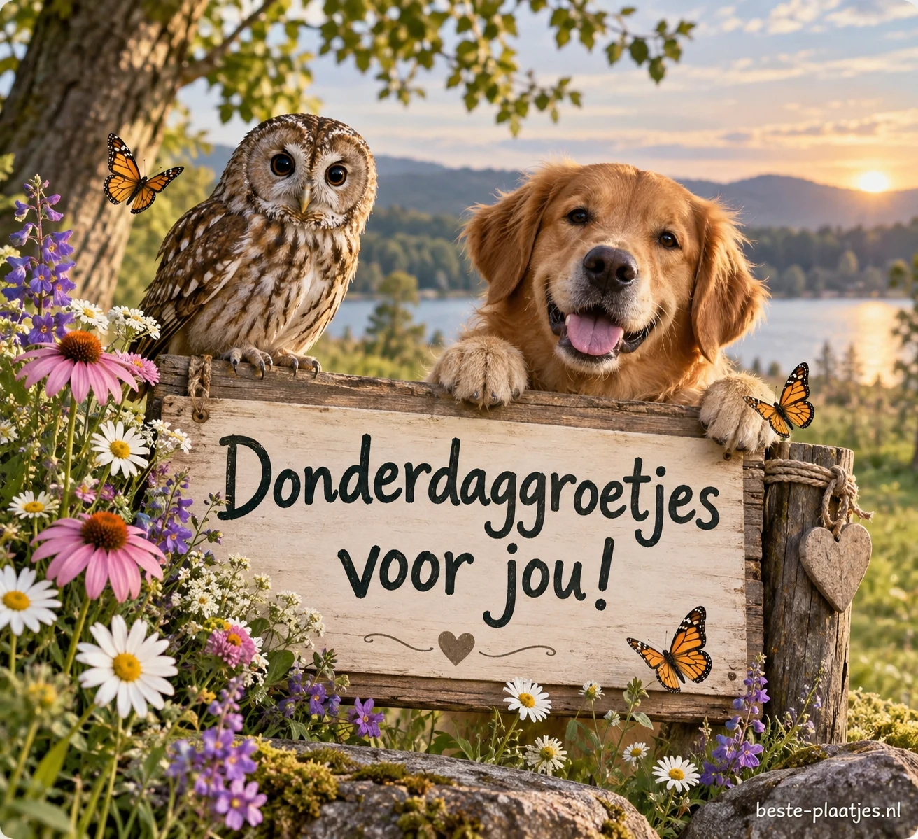 Een uil en een hond zitten achter een houten bord, omringd door bloemen. Een uil en een hond zitten achter een houten bord, omringd door bloemen.
