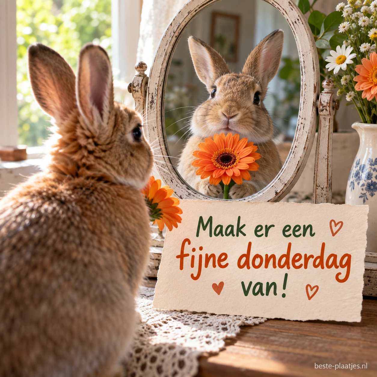 Een konijn met een oranje bloem kijkt in een spiegel. Een konijn met een oranje bloem kijkt in een spiegel.